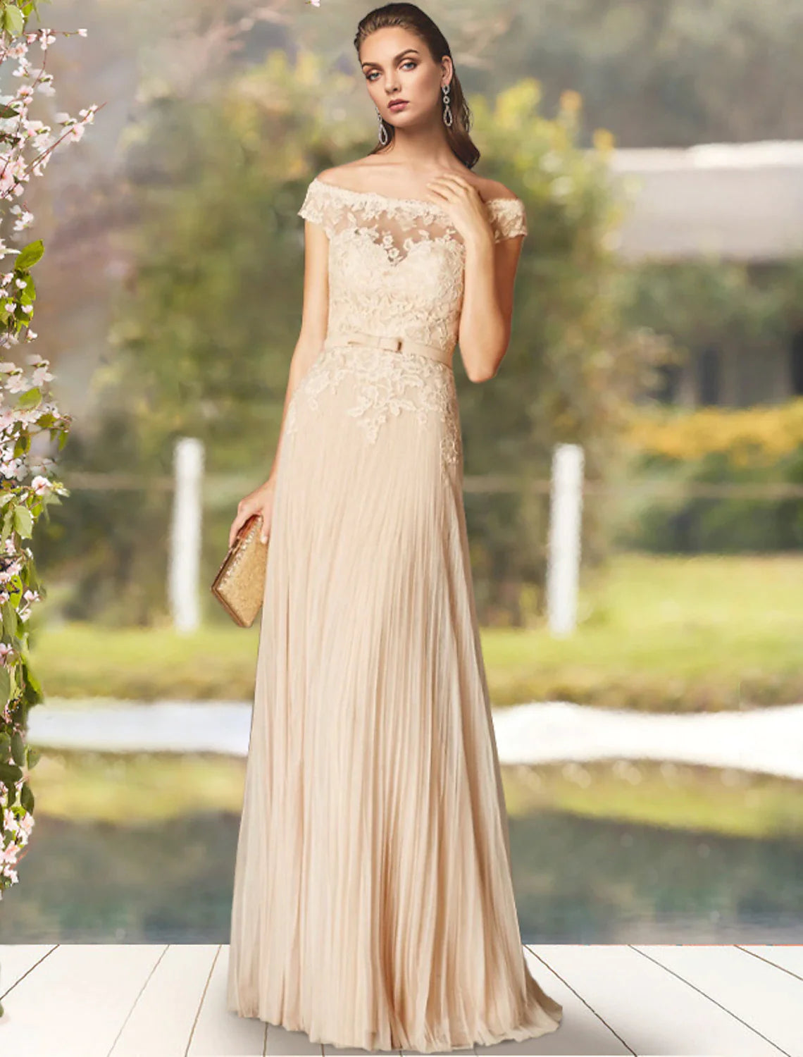 Wholesale A-Line Mother of the Bride Dress Elegant Off Shoulder Floor Length Lace Tulle Short Sleeve with Bow(s) Pleats Appliques